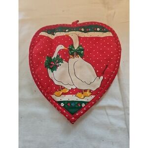80s Vintage Country Goose Joy Christmas Heart Shaped  Potholder By Franco
